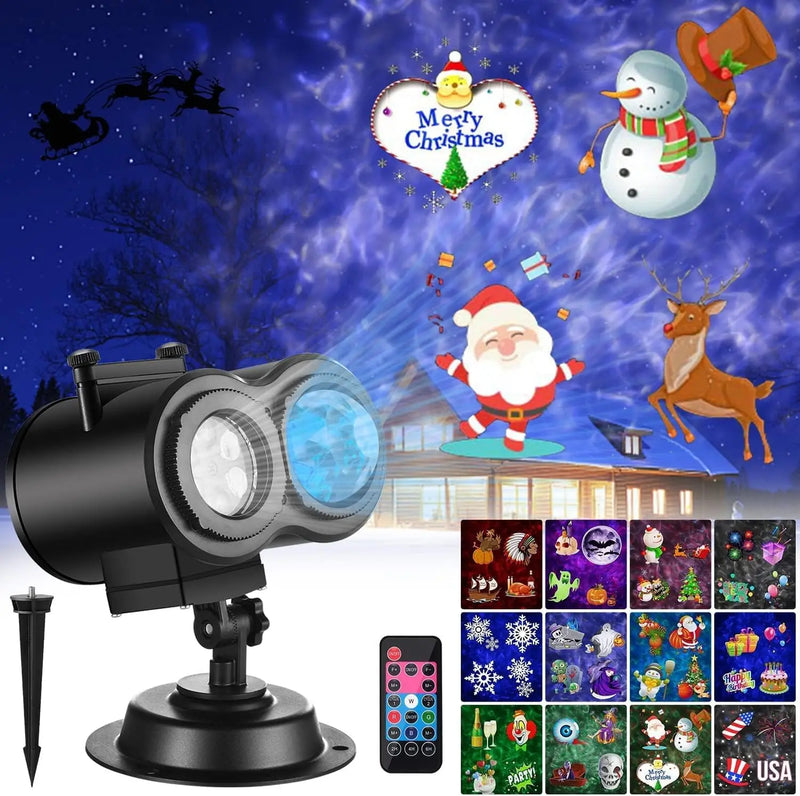 Projecteur Noël extérieur à 2 têtes, effet vagues et motifs, avec télécommande