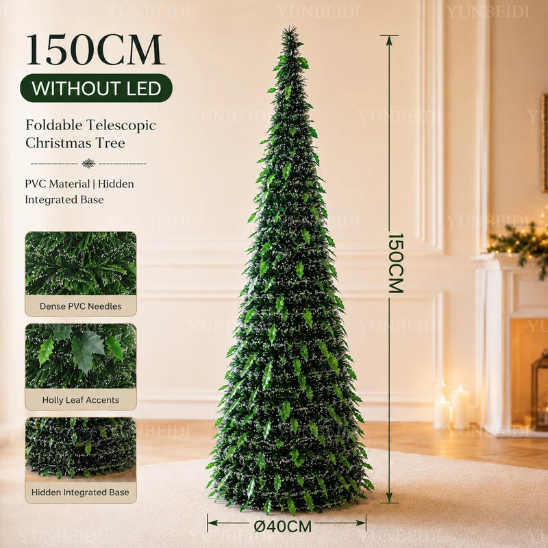 Sapin lumineux pliable télescopique à LED blanc chaud, 150 ou 180 cm