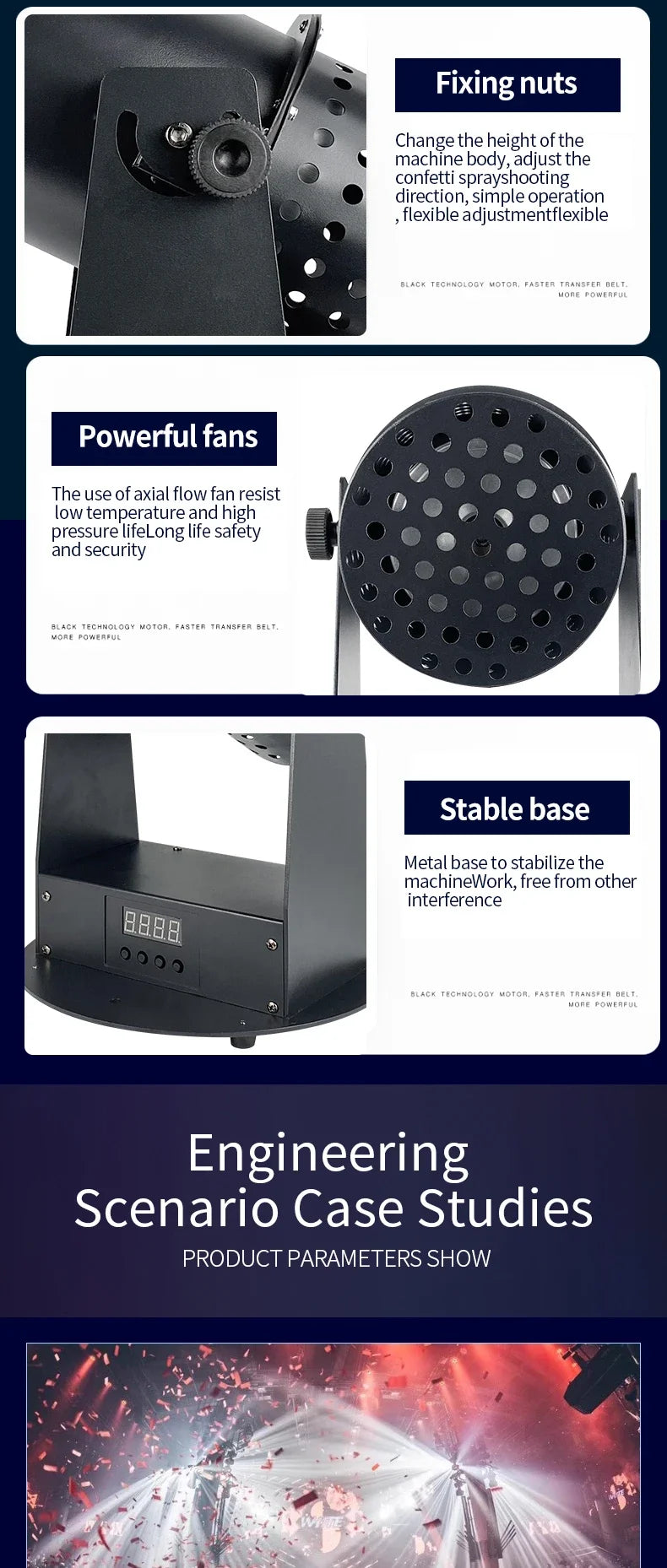 Machine à confettis électrique LED – écrous de fixation, ventilateurs et base stable