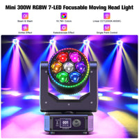 Lyre LED zoom 300 W œil d'abeille, 7 LED RGBW de 30 W et anneau RVB, DMX 30, 42 ou 58 canaux