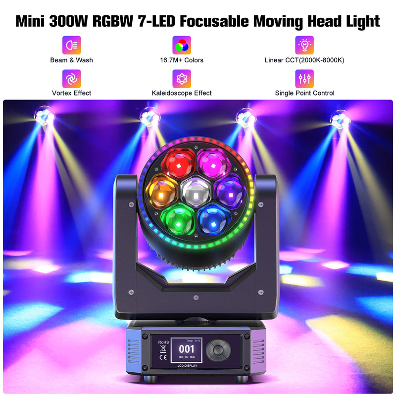 Lyre LED zoom 300 W œil d'abeille, 7 LED RGBW de 30 W et anneau RVB, DMX 30, 42 ou 58 canaux