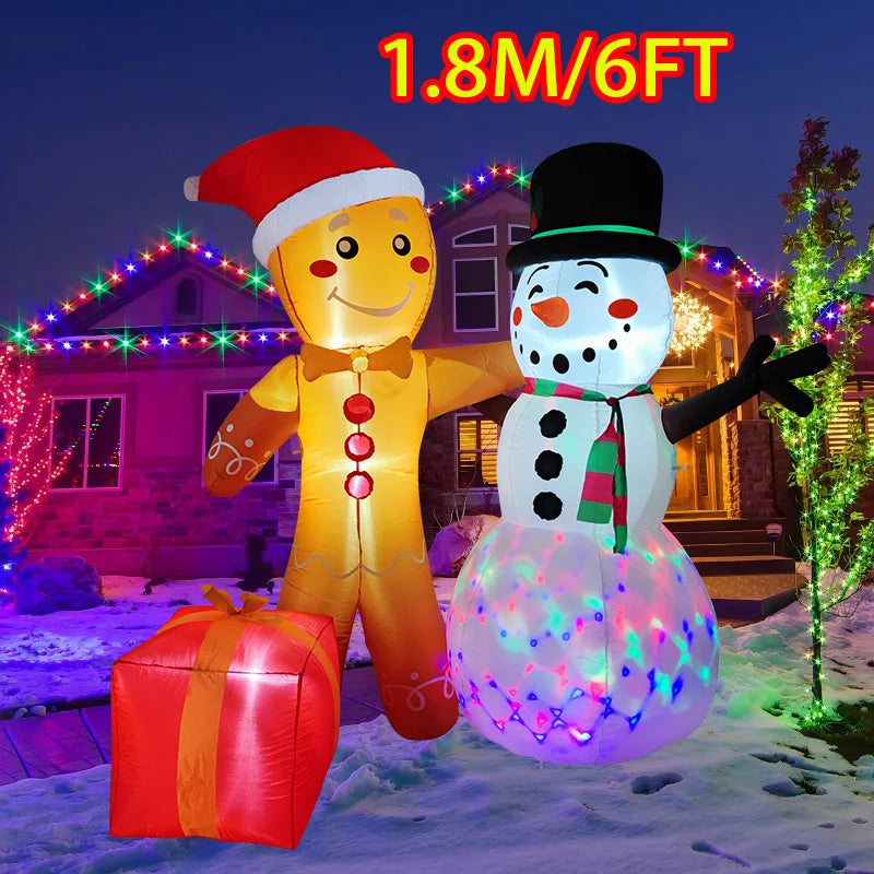 Gonflable de Noël lumineux – bonhomme en pain d'épice et bonhomme de neige, 1,8 m