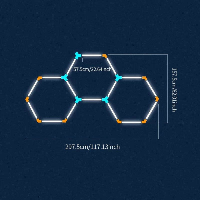 Plafonnier LED nid d'abeille – format de 3 hexagones à barres de 57,5 cm