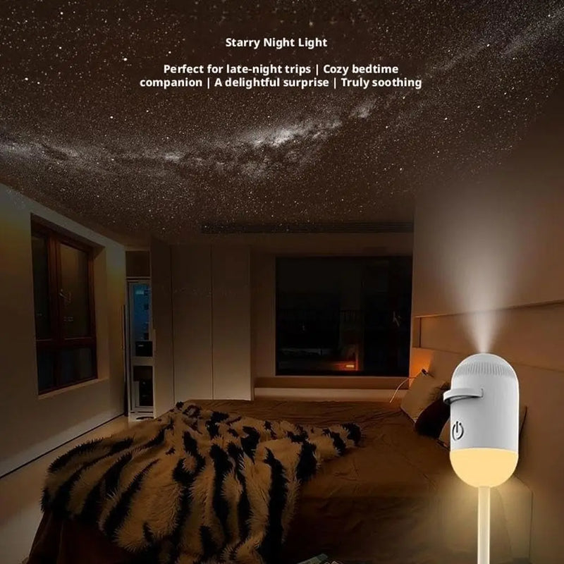 Projecteur ciel étoilé USB – veilleuse chaude allumée dans une chambre le soir