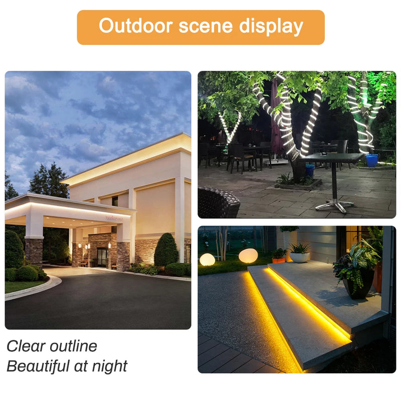 Ruban LED COB 220 V – exemples d'éclairage extérieur : façade, arbre et escalier