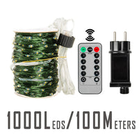 Guirlande fil vert – format 100 m, 1 000 LED avec boîtier d'alimentation et télécommande