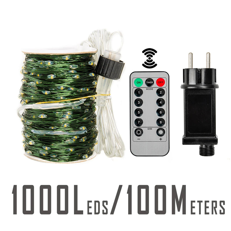 Guirlande fil vert – format 100 m, 1 000 LED avec boîtier d'alimentation et télécommande