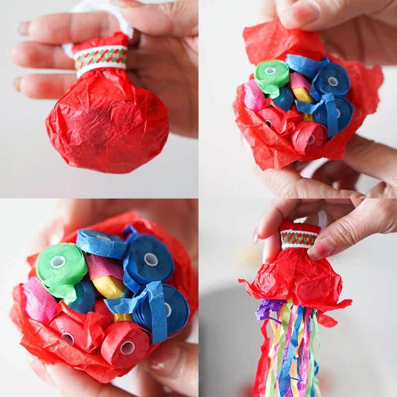 Banderoles à lancer pour mariage – poppers rouges ouverts, détail des rouleaux