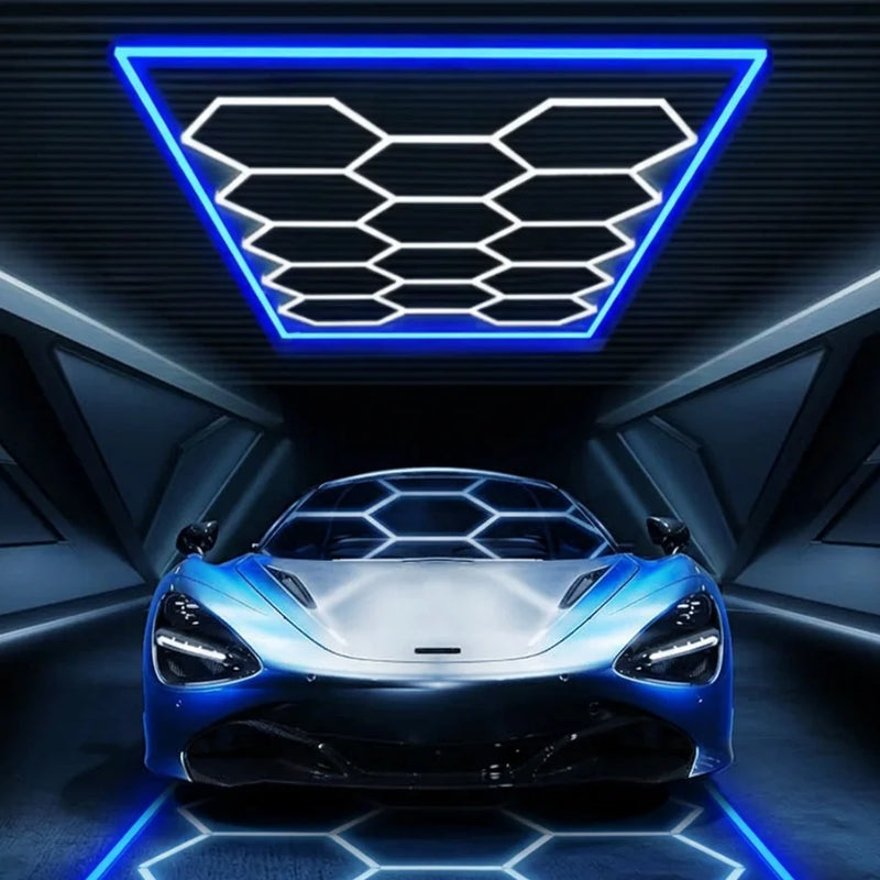 Plafonnier LED 14 hexagones à cadre bleu – plafond lumineux au-dessus d'une voiture bleue