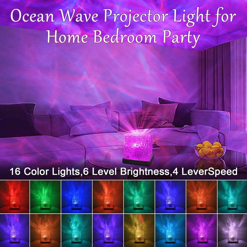 Lampe projecteur effet vagues – reflets violets dans un salon et aperçu des 16 couleurs