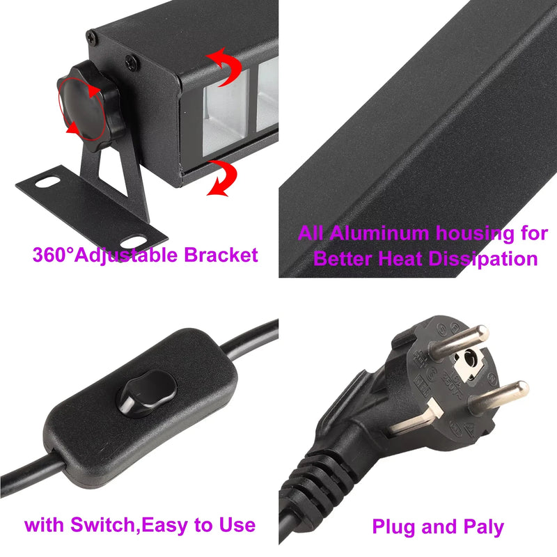 Lumière noire UV LED 40 W – support orientable, boîtier aluminium, interrupteur et prises
