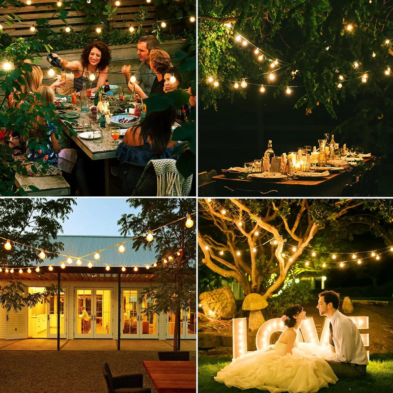 Guirlande guinguette G40 – exemples d'utilisation : dîner en plein air, table de mariage, arbre et façade