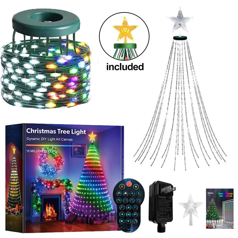 Guirlande de sapin cascade RGB – contenu avec étoile, télécommande et adaptateur à fiche américaine