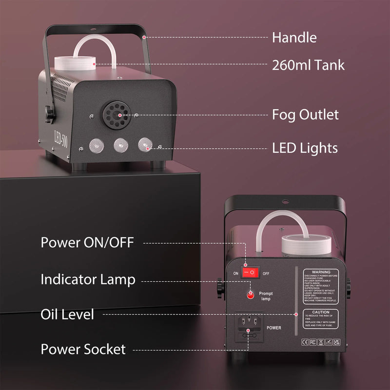 Machine à fumée 500 W à 3 LED RGB, télécommande sans fil et réservoir de 260 ml