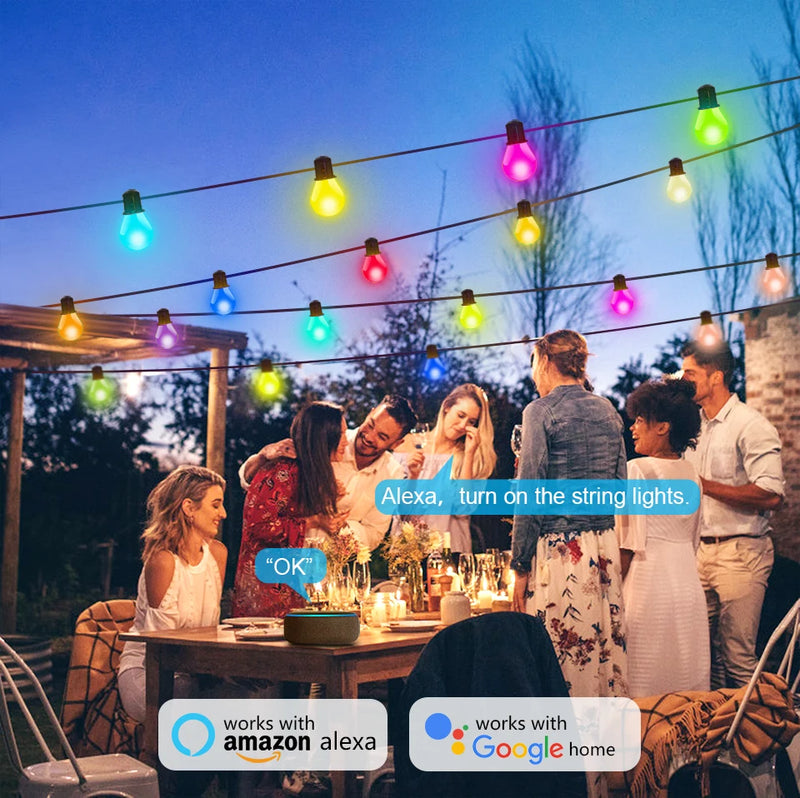 Guirlande guinguette WiFi G40 – commande vocale lors d'un repas en terrasse