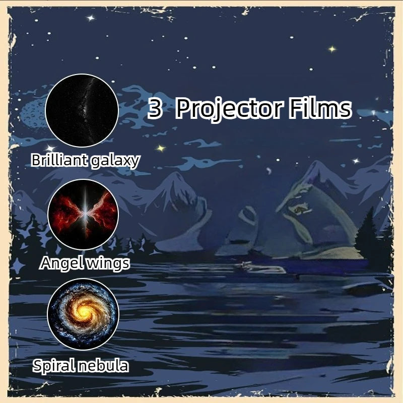 Projecteur galaxie 2 en 1 tactile – les 3 films avec leurs noms : galaxie brillante, ailes d'ange et nébuleuse spirale