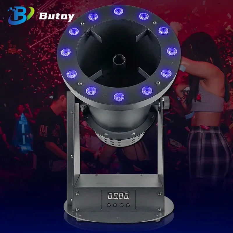 Machine à confettis électrique LED – couronne de LED et afficheur DMX, vue de face