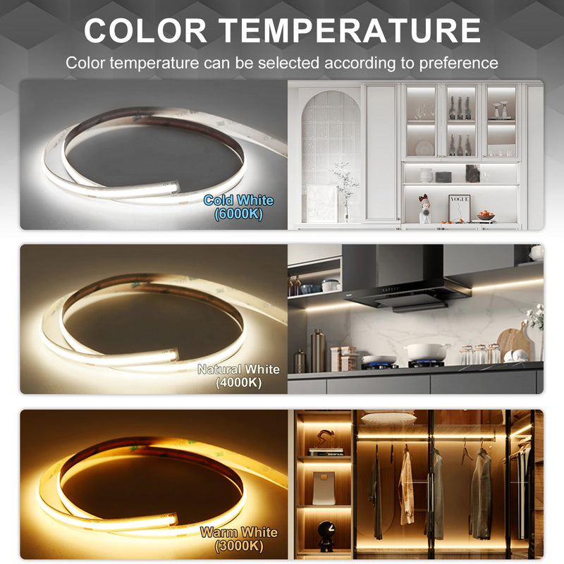 Ruban LED sous meuble connecté – choix de la température de couleur dans une cuisine et une penderie