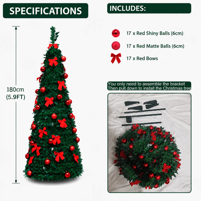 Sapin de Noël pliant pré-décoré en rouge, 150, 180 ou 210 cm, avec ou sans guirlande LED USB