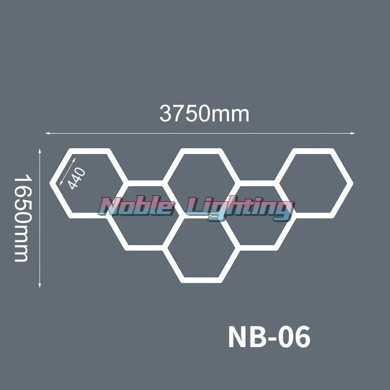 Éclairage LED nid d'abeille – configuration de 6 hexagones de 375 x 165 cm