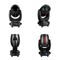 Lot de 2 lyres LED beam spot zoom 180 W – quatre vues de la lyre : face, trois quarts, profil et arrière