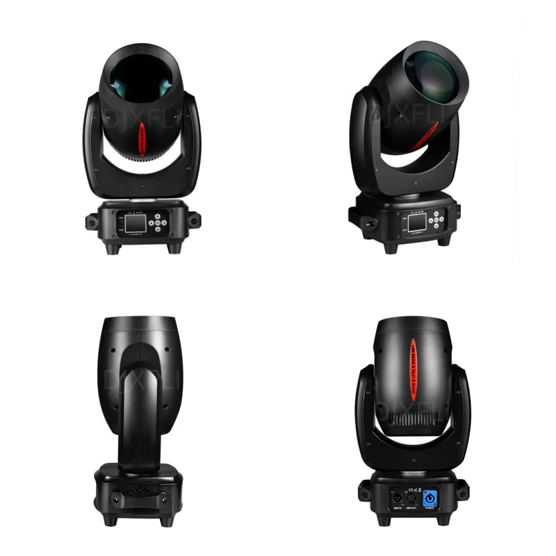 Lot de 2 lyres LED beam spot zoom 180 W – quatre vues de la lyre : face, trois quarts, profil et arrière