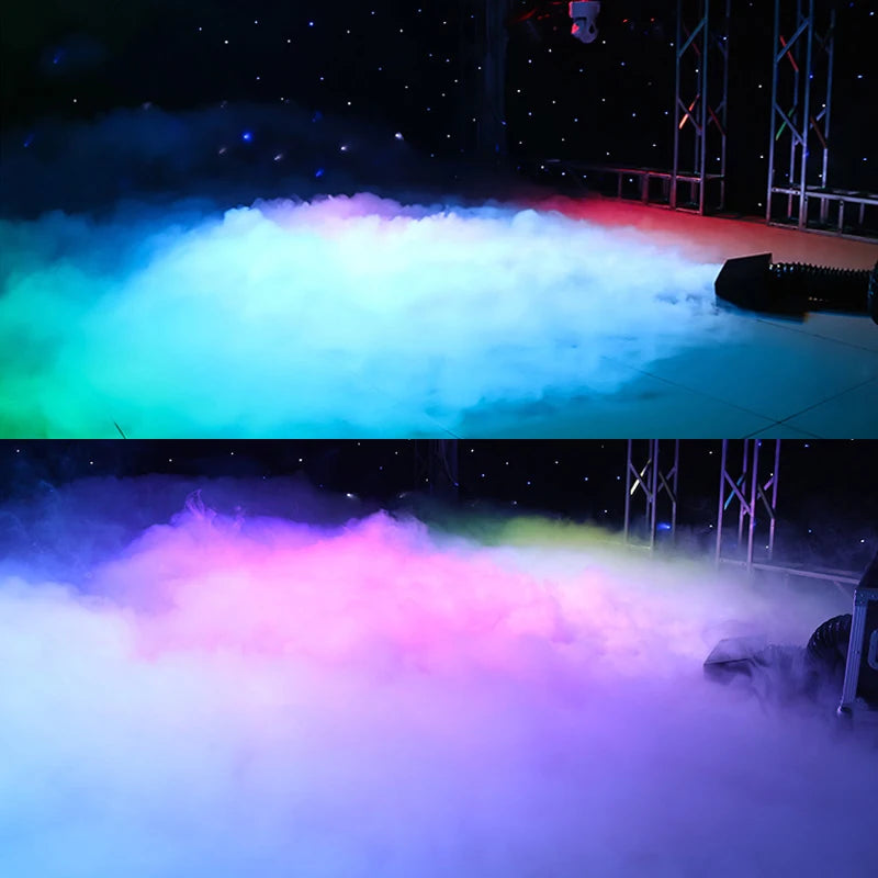 Machine à brouillard bas à eau 3000 ou 5000 W – brouillard bas éclairé en rose, bleu et violet sur une scène