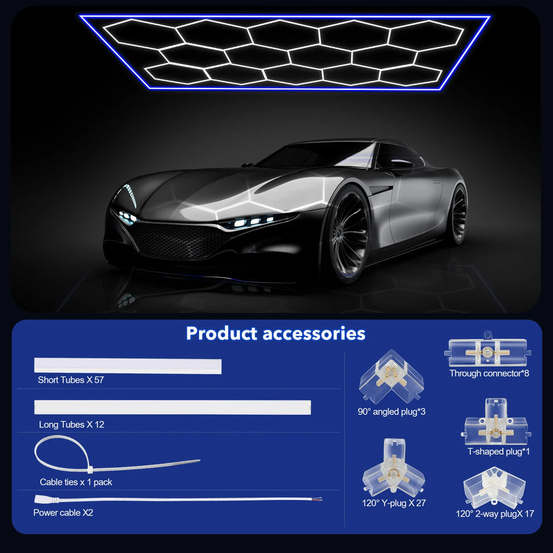 Plafonnier LED 14 hexagones à cadre bleu – voiture grise et liste des pièces fournies