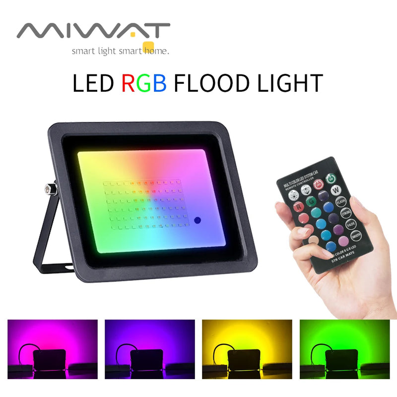 Projecteur RGB IP68 à mémoire de couleur – boîtier noir, télécommande et couleurs de lumière