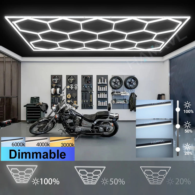 Plafonnier hexagonal LED – plafond d'atelier avec gradation à 100, 50 et 20 %
