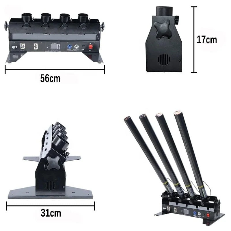 Canon à confettis 4 têtes 60 W – dimensions 56 x 31 x 17 cm et inclinaison des tubes