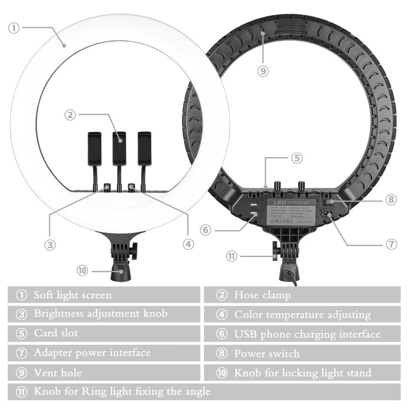 Ring light LED 45-48 cm, trépied au choix, 3 supports téléphone