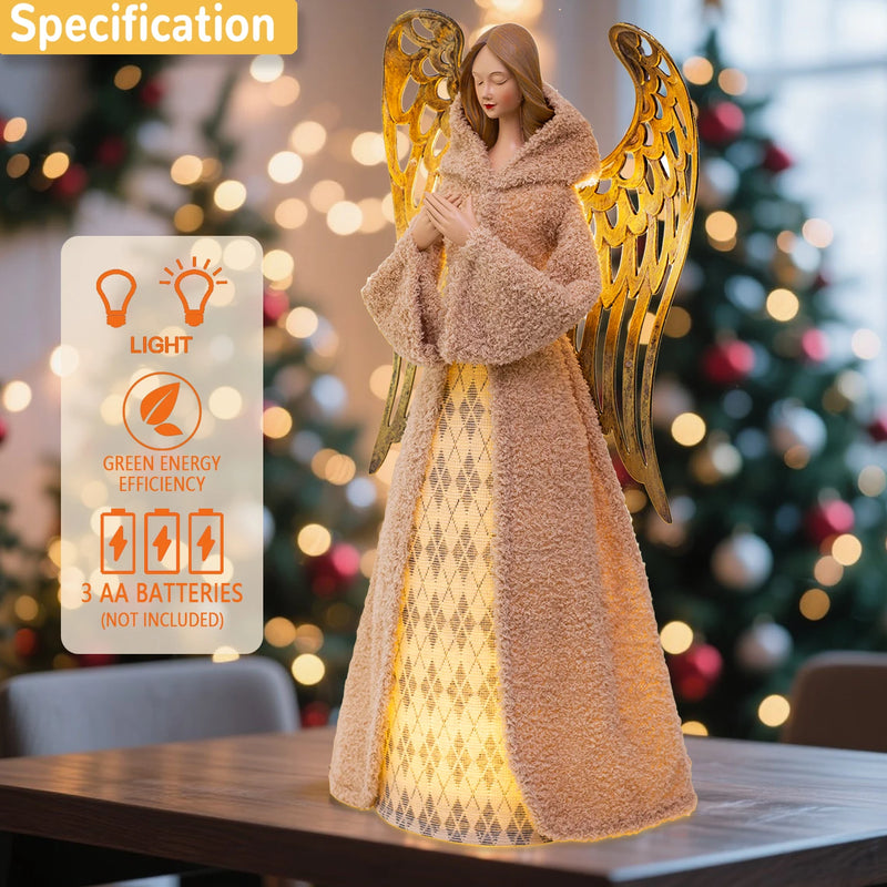 Figurine d'ange de Noël lumineuse de 55 cm, manteau en peluche et ailes dorées, à piles