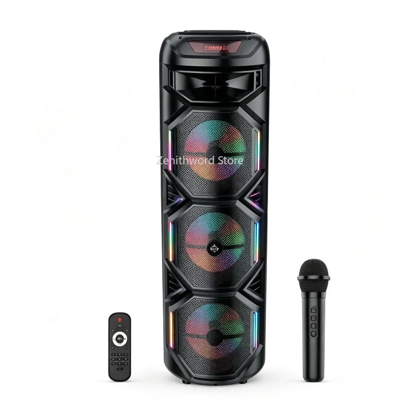Enceinte karaoké lumineuse – enceinte à trois haut-parleurs avec micro sans fil et télécommande