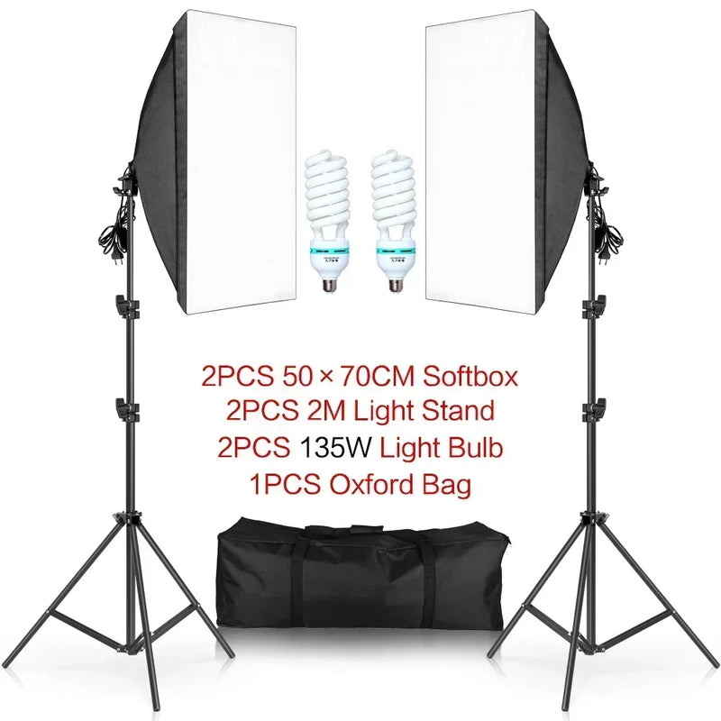 Kit softbox rectangulaire ou octogonal – 2 softbox, 2 pieds, 2 ampoules spirales 135 W et sac