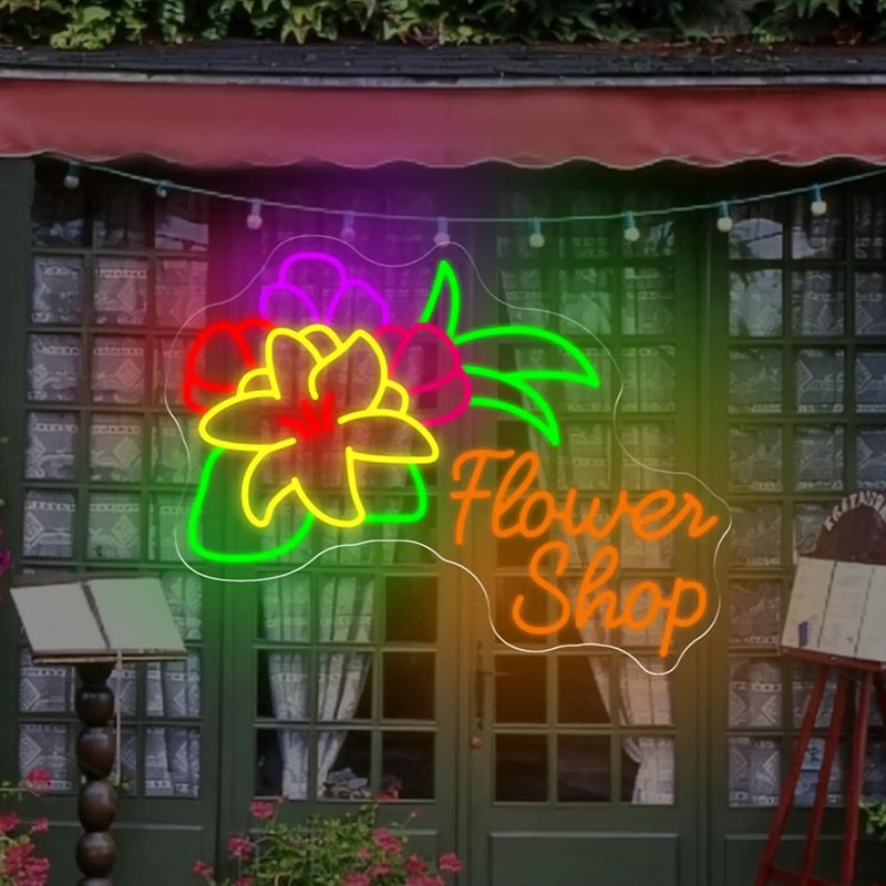 Enseigne néon fleuriste FLOWERS OPEN – modèle Flower Shop, lys orange