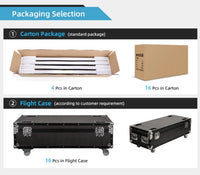 Barres LED pixel RGB 100 cm – emballage en carton et flight case pour 16 tubes
