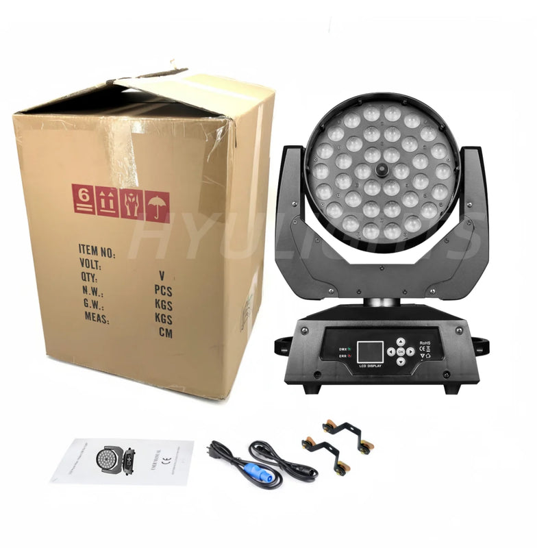 Lyres LED wash 36 x 18 W – lyre, carton, manuel, câbles et attaches rapides