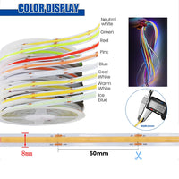 Ruban LED USB COB 8 mm – nuancier des couleurs, largeur de 8 mm et découpe tous les 50 mm