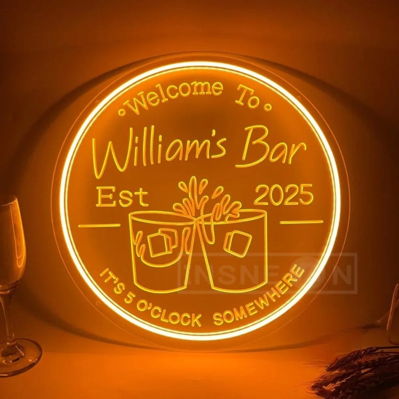 Enseigne néon bar personnalisée à votre nom, rond 29 cm, USB