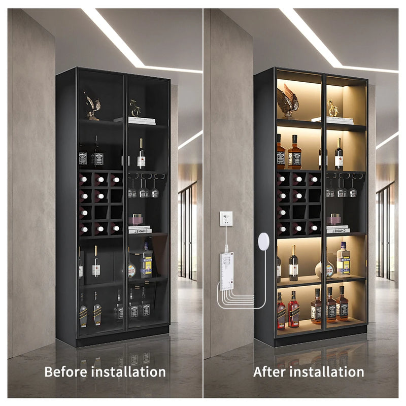 Ruban LED COB 24 V tactile – armoire vitrée avant et après installation