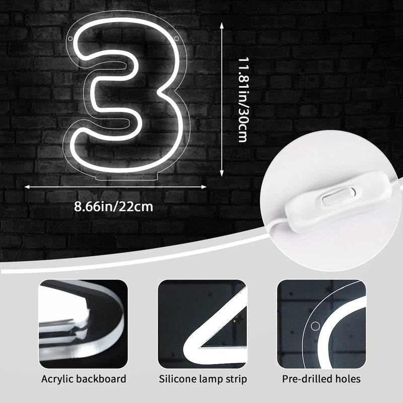 Chiffre néon LED blanc – dimensions du chiffre 3, 30 x 22 cm