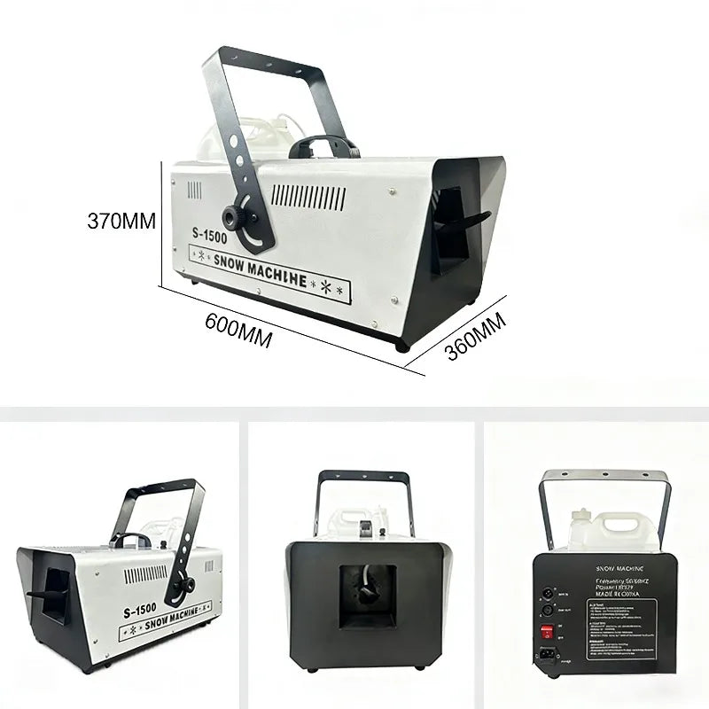 Machine à neige 1500 W – cotes et trois vues : côté, face et arrière
