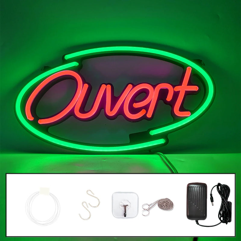 Panneau lumineux ouvert multilingue – ovale Ouvert rouge, cadre vert