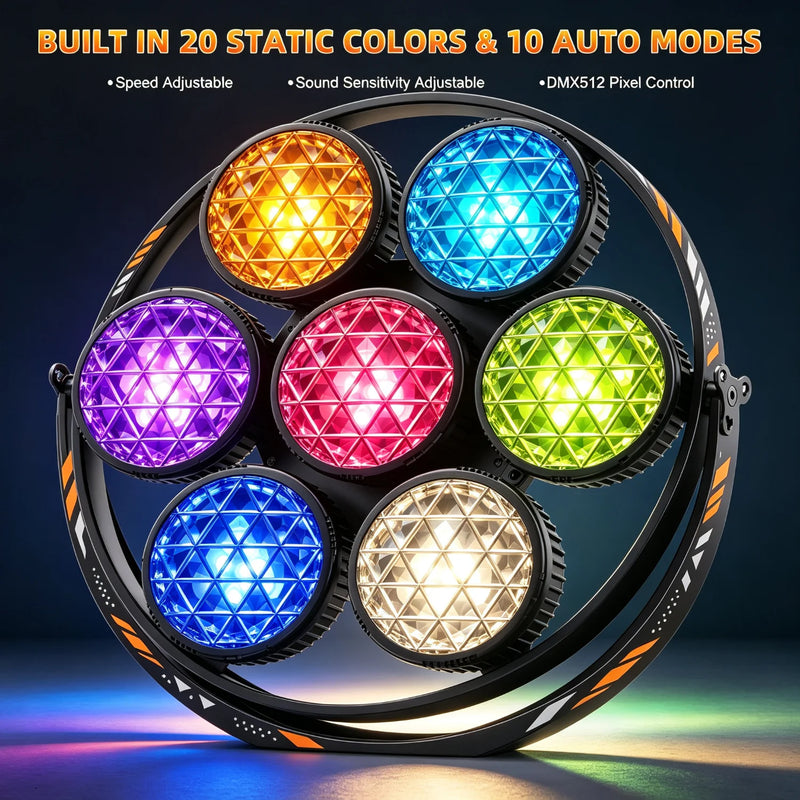 Projecteur vintage 7 LED COB dorées et RGB, 350 W, à l'unité ou par lot