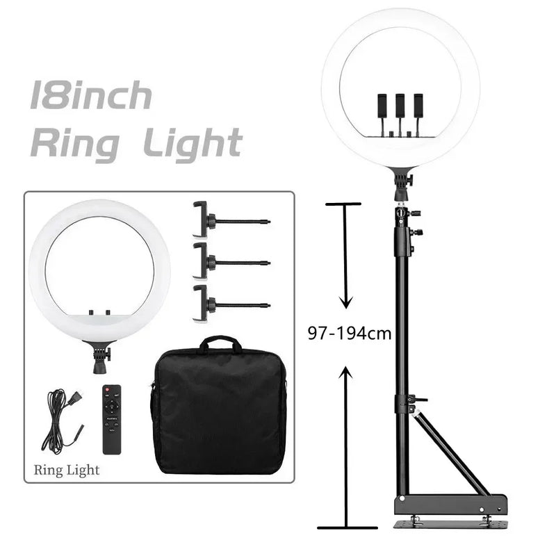 Anneau lumineux 45 cm – version télécommande et sac souple, support mural de 170 cm