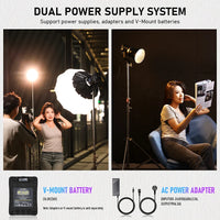 Lumière COB vidéo 120 ou 200 W bicolore ou RGB, application, V-Mount