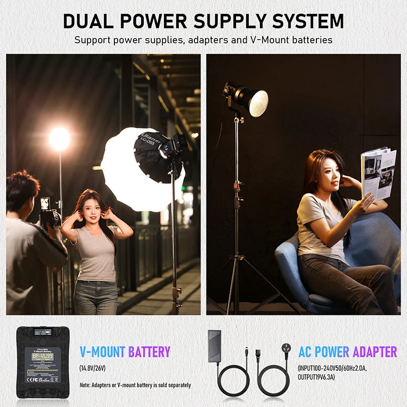 Lumière COB vidéo 120 ou 200 W bicolore ou RGB, application, V-Mount