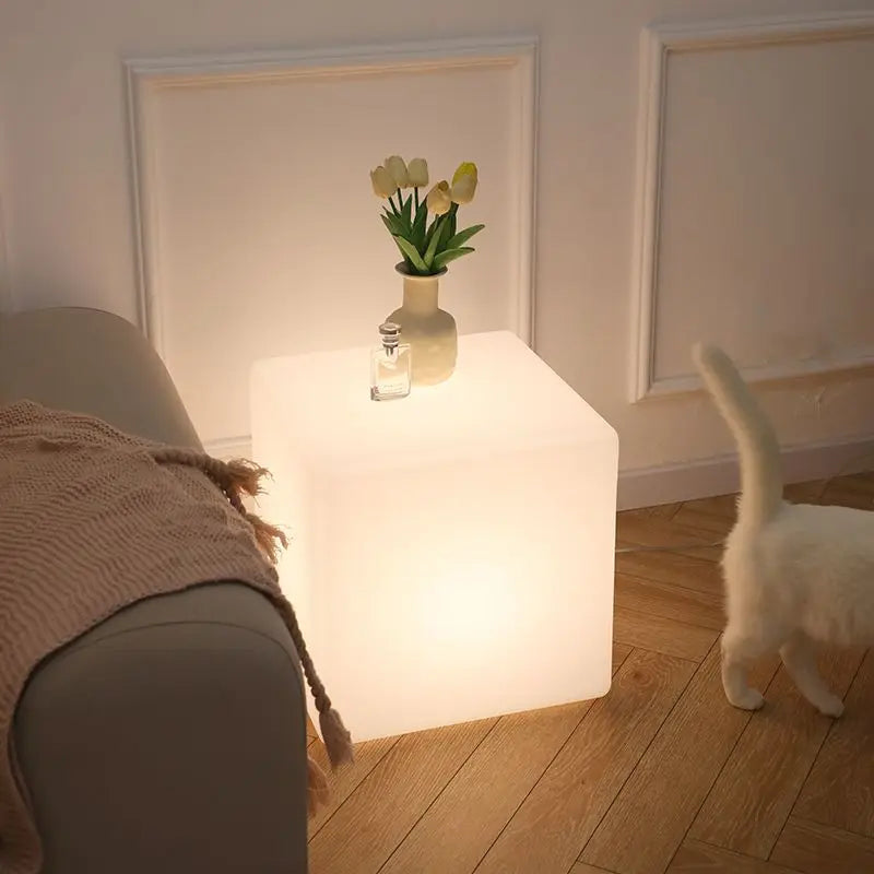 Cube lumineux LED – cube blanc chaud dans un salon, à côté d'un canapé, avec des tulipes et un flacon posés dessus