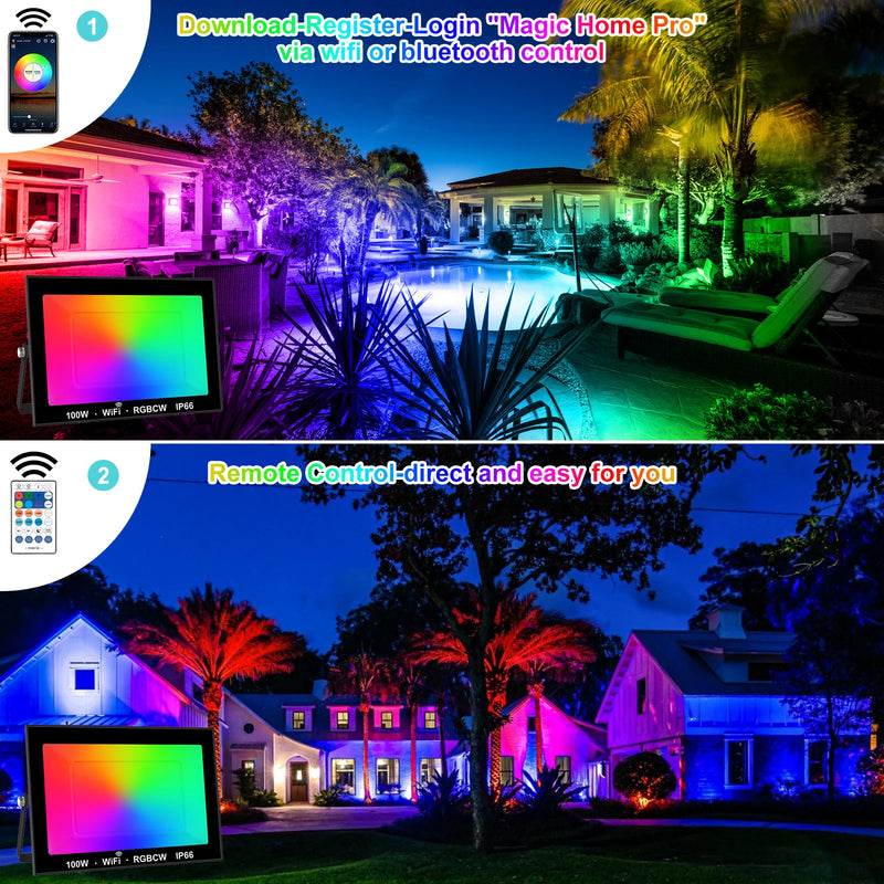 Projecteur LED extérieur ultra-mince 100 W RGB et blanc, télécommande et application